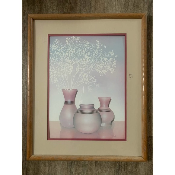 Ceramic Pots with baby's breath, matted with wood frame - Picture 1 of 2